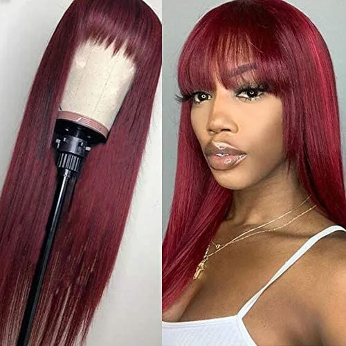 22&quot; Burgundy 99j Straight Human Wig with Bang - £185.63 GBP