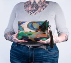 Funky Abstract Digital Painting on Vegan Leather Wristlet Clutch Bag Pur... - $60.00