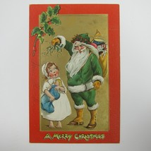 Christmas Postcard Santa Green Suit Girl Tuck Crimson &amp; Gold Series 501 ... - £19.51 GBP