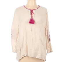 Nic + Zoe Blouse Top Women Large Beige Floral Embroidery 100% Linen Long Sleeve - £15.77 GBP
