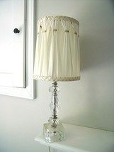 Vintage 1950&#39;s Cut Glass Table Lamp With Sheer Ivory Drum Shade 20&quot; Tall Faceted - £158.23 GBP
