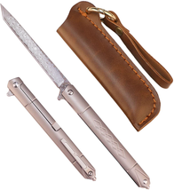 Damascus Folding Pocket Flipper Knife Tanto Blade Titanium Handle Small Slim EDC - £85.07 GBP
