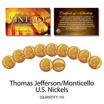 Thomas Jefferson 1990&#39;s U.S. NICKELS Uncirculated 24KT Gold Clad - QTY 10 - £8.29 GBP