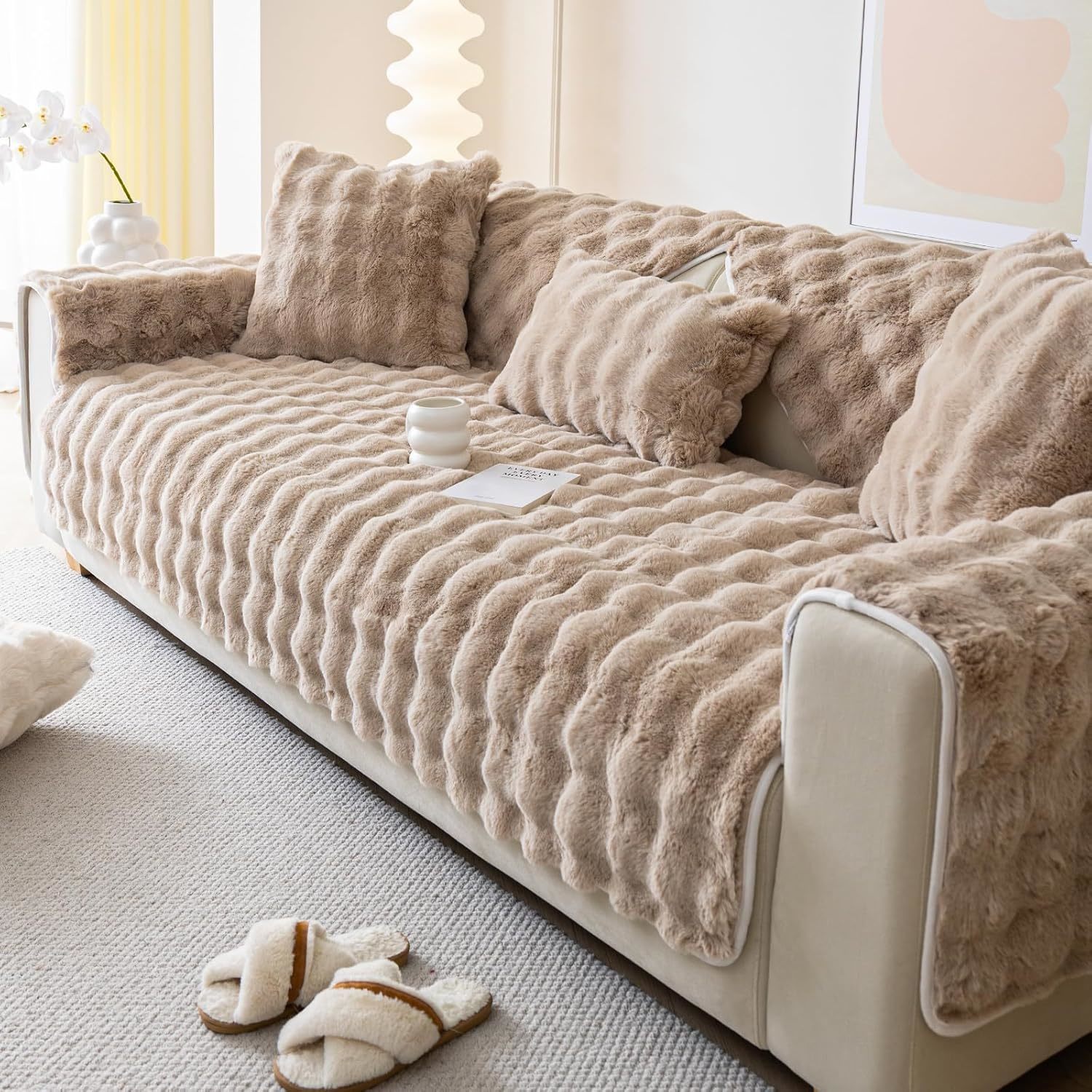 Faux Fur Couch Cover,Rabbit Plush Couch, Cream, 36&quot;X82&quot;/4-Seater Sofa Cover - $43.99