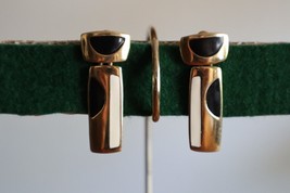 Monet Vintage Gold Tone Black Cream Dangle Elegant Pierced Earrings 80s Vibe - £14.94 GBP