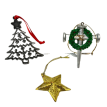 Vintage Lot 3 Metal Christmas Ornaments Silver Tree Nail Cross and Gold Star - £11.46 GBP