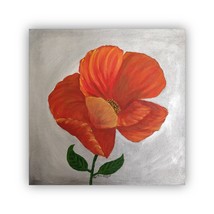Original Floral Painting on canvas, 15X14&quot;, Red Poppy Flower Original Artwork - £110.62 GBP