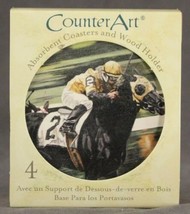 NOS Counter Art 4 Ceramic Coasters &amp; Wood Holder Horse Racing Taking The Lead - £14.67 GBP