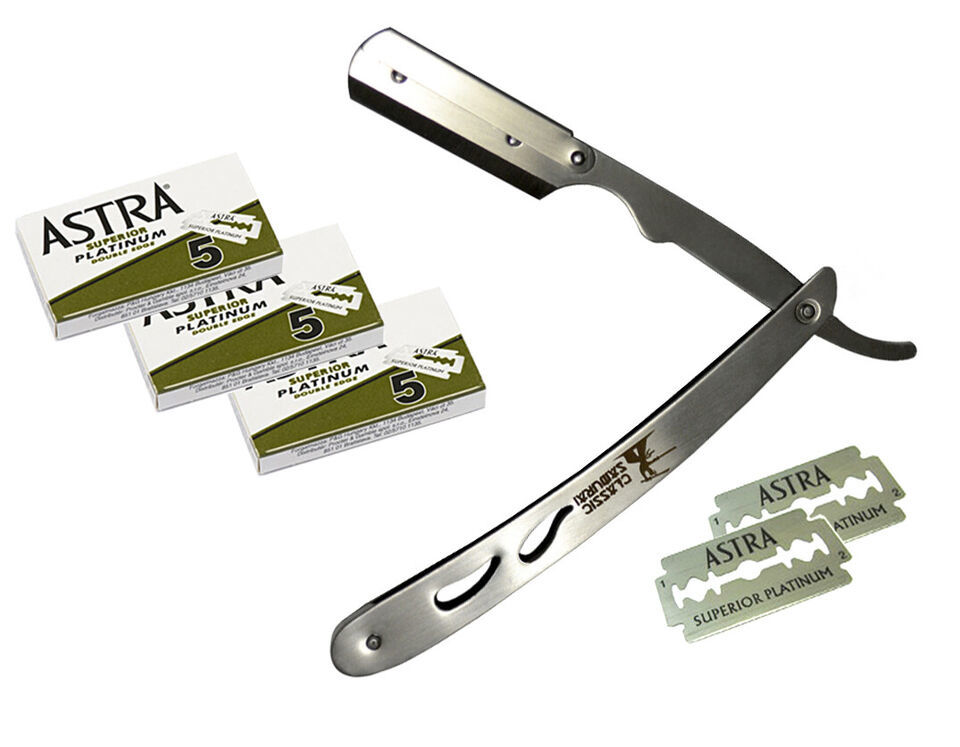 Stainless Steel Professional Barber Straight Edge Razor + 15 Astra Doubl... - $13.99