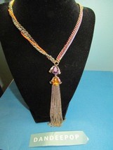 Betsey Johnson Jeweled tassel Necklace With Fuchsia Cord &amp; gold Chains Jewelry - £45.40 GBP