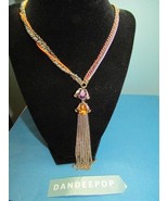 Betsey Johnson Jeweled tassel Necklace With Fuchsia Cord &amp; gold Chains J... - £45.14 GBP