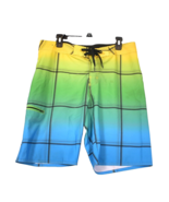 Hang Ten Board Shorts Mens 34 Yellow Green Blue Plaid Stretch Swim Trunk... - $17.99