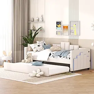 Merax, Beige Twin Size Upholstered Daybed with Trundle Sofa Bed with Woo... - $676.99