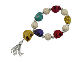 Zeckos Multicolor 3D Skull Bead Stretch Bracelet Chrome Accents - £11.22 GBP