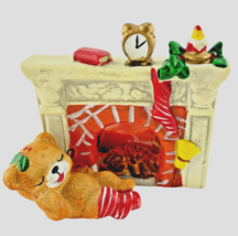 Christmas Votive Teddy Bear Sleeping by Fireplace Ceramic Hand painted - $19.24