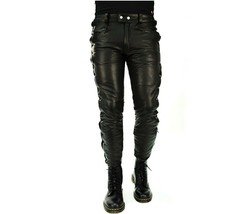 New Men Real Leather Pants Genuine Soft Lambskin Biker Trouser with laces - £119.61 GBP