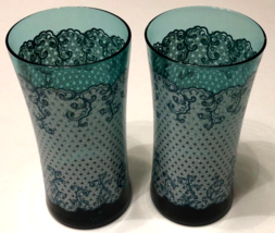 MCM Vintage Set of 2 Teal Aqua Frilly White Design Drinking Glasses 3 1/4&quot; - £24.89 GBP