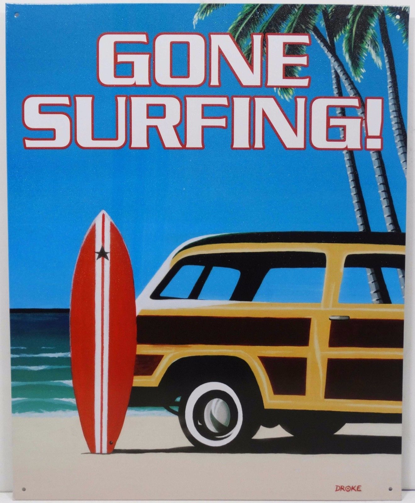 Primary image for Gone Surfing Surf Surfboard Woody Ocean Beach Metal Sign