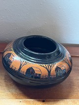 Conrad Signed Small Black w Orange Incised Trees &amp; Barns Pottery Shallow Vase Po - £22.48 GBP