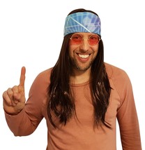 Hippie brown hair wig with blue lights 60&#39;s 70&#39;s bandana - £12.02 GBP