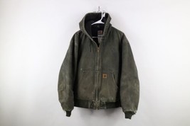 Vintage Carhartt Mens Large Thrashed Quilted Hooded Canvas Jacket Moss Green - $148.45