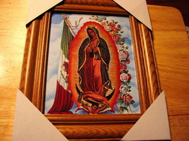 GUADALUPE WITH MEXICAN FLAG 11X13 MDF FRAMED PICTURE ( WOOD COLOR FRAME ) - £23.96 GBP