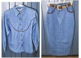 Vintage Denim Western Outfit XS Small Shirt Long Skirt Square Dance Rock... - $65.34