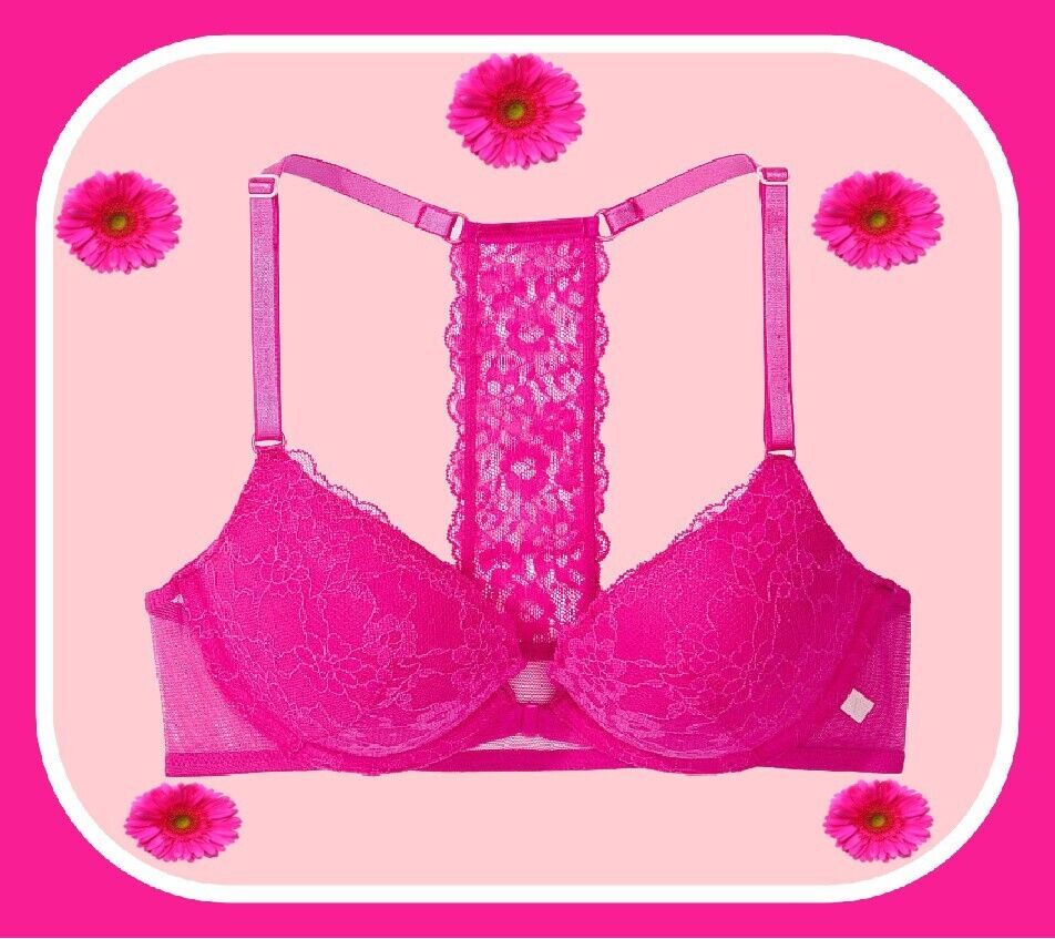 Primary image for 34B Hot Pink Posey Lace FrontClose ExtremeLift Victorias Secret Plunge PU UW Bra