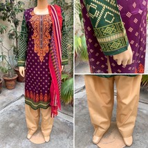 Pakistani Purple Printed Straight Shirt 3-PCS Lawn Suit w/ Threadwork ,L - $52.48
