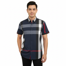 Men's Sports Shirt Clavi By Moderno Checker Plaid Short Sleeves CJSS-203 Navy image 5