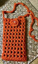 Orange CELLPHONE/SUNGLASS HOLDER Crochet Handmade w/Overhead Strap &amp; Ros... - £10.35 GBP