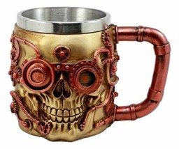 Golden Steampunk Detective Skull Coffee Mug Mechanical Gearwork Pipeline Design - £19.97 GBP