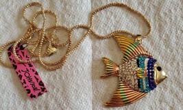 Betsey Johnson Angel Fish Crystal Rainbow Gold tone Pendant 28 inch Necklace  - £15.81 GBP