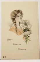 Best Easter Wishes Lovely Woman w/ Lily Flowers Hand Colored c1910 Postcard I19 - £3.86 GBP