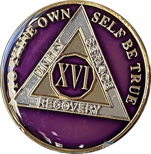 Ranger Industries 16 Year AA Medallion Metallic Purple Tri-Plate Sobriety Chip X