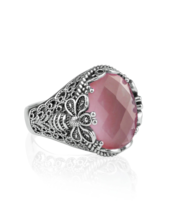 Filigree Art Bee Detailed Pink Chalcedony Gemstone Women Silver Statement Ring - £35.86 GBP