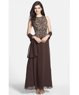 J Kara embellished Bodice Chiffon Gown with Shawl Sz 16 Brown - $1,635.96 MXN
