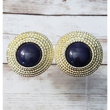 Vintage Clip On Earrings Gold Tone Halo with Blue Speckled Center Large ... - $16.99