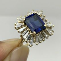5.25Ct Emerald Cut Blue Sapphire &amp; Baguette Diamonds Ring 14k Yellow Gold Over - £91.91 GBP