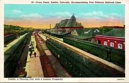 Vtg Postcard Pueblo Colorado Union Railroad Passenger Depot 3 Sets of Tracks - £8.36 GBP
