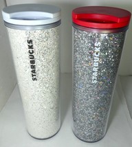 Starbucks 2 Tumbler Acrylic 16 oz Silver &amp; white Glitter coffee mug W SKU,New - £274.59 GBP