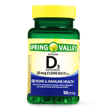 Spring Valley Vitamin D3 Softgels Bones & Immune Health 1000 IU 100 Count - £14.88 GBP