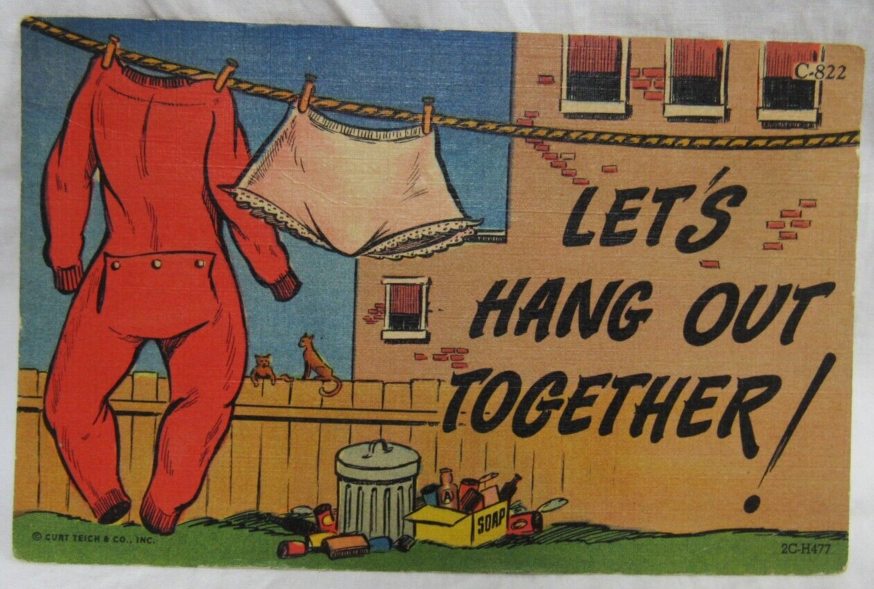 Primary image for Funny Postcard 2CH477 C822 Curt Teich Lets Hang Out Together Both Undies Hanging