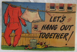 Funny Postcard 2CH477 C822 Curt Teich Lets Hang Out Together Both Undies Hanging - $2.96