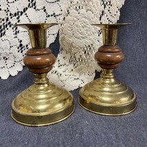 Pair Vintage Weighted Brass And Wood 5” Candle Holders Candlesticks 4” Base - £11.15 GBP