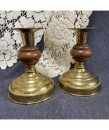Pair Vintage Weighted Brass And Wood 5” Candle Holders Candlesticks 4” Base - £11.66 GBP