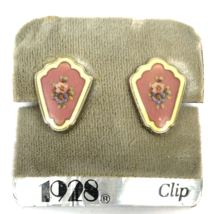 Vintage Enamel Earrings Pink Clip Floral Silver Tone Art Deco Bouquet 1928 - $16.50
