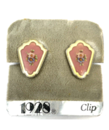 Vintage Enamel Earrings Pink Clip Floral Silver Tone Art Deco Bouquet 1928 - $16.50