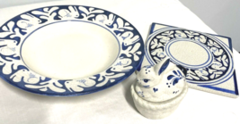Vintage Hand Painted Rabbit Soup Bowl, Trivet &amp;Trinket Dish Bunnies Sign... - $21.84