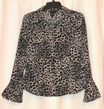 Animal Leopard Button Down Long Bell Sleeve Fitted Shirt Top Blouse Ninety M - £6.32 GBP